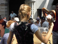 Karen McCann, girl selling giant pretzels in beer hall, Munich, Gernmany